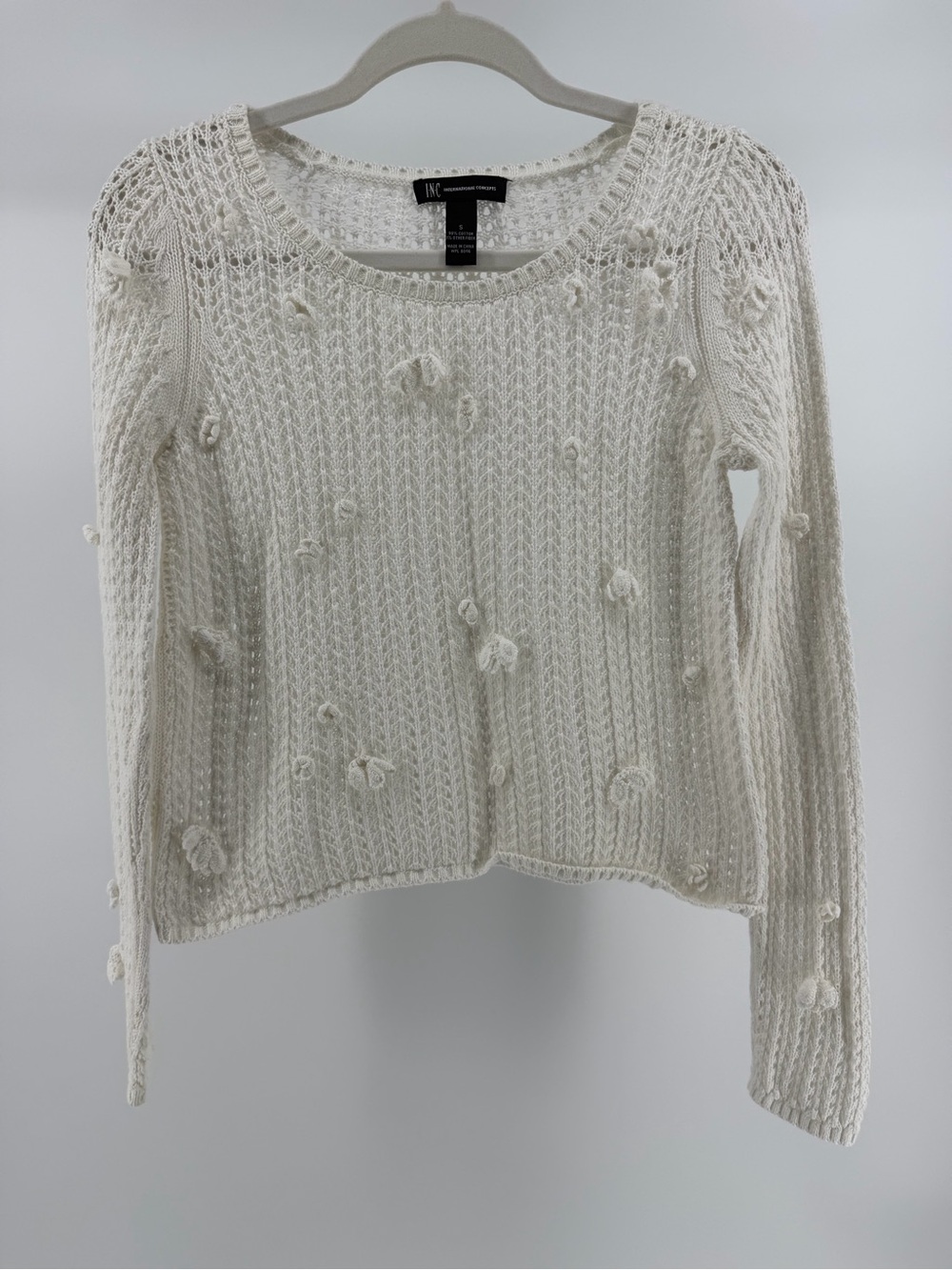 INC Open Knit Crochet Floral Applique Off White Sweater, Women's Small